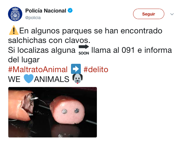 Alerta la Policía Española por salchichas con clavos para perros