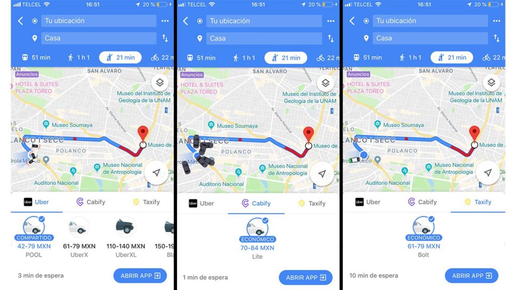 Google Maps te dice cual App de Taxis es la más barata al momento de usarla