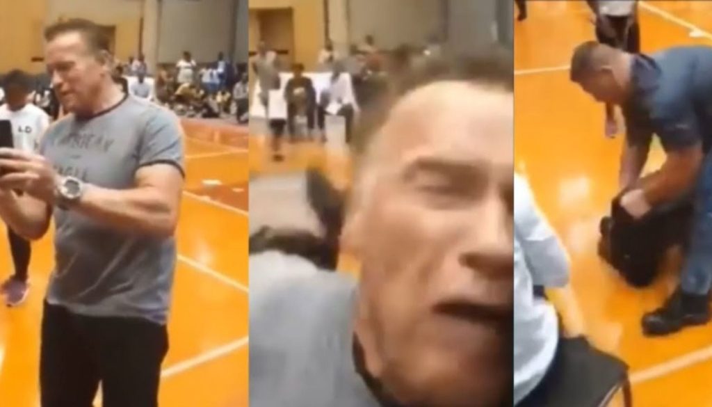 Le aplican ¡Patada voladora! Por la espalda a Arnold Schwarzenegger (Video)