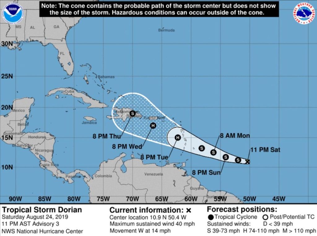 La tormenta tropical Dorian crece y se espera que se convierta en huracán esta semana