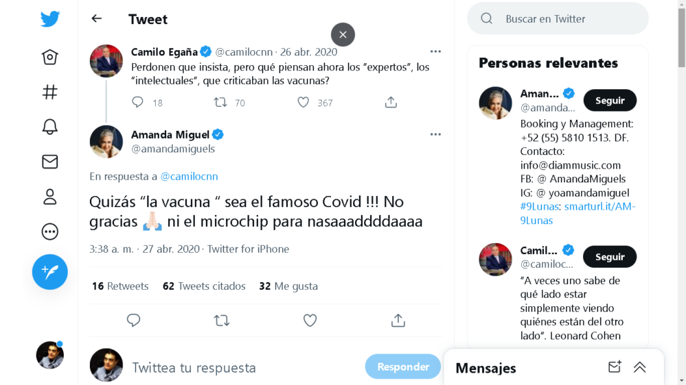 Viral mensaje de Amanda Miguel ¿Diego Verdaguer y ella eran antivacunas?