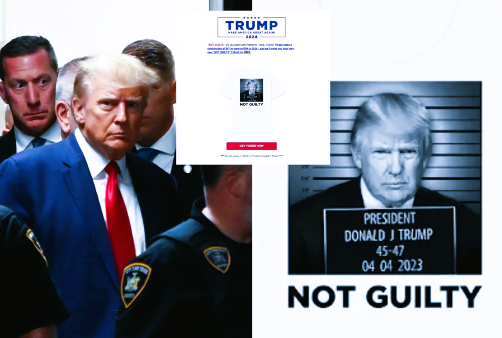 Trump en líos legales y vende playeras con falsa ficha policial «Not Guilty»