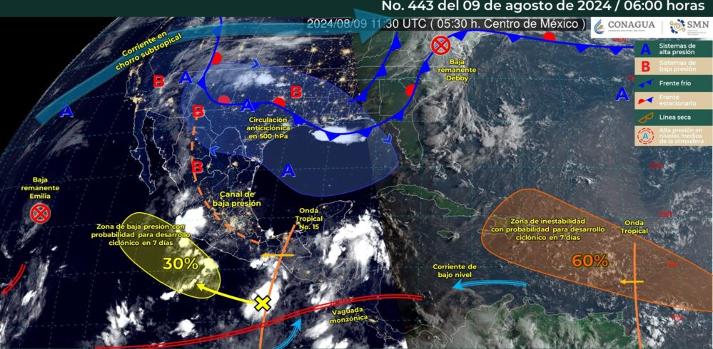 Se esperan lluvias en México por la onda tropical número 15 y Monzón mexicano