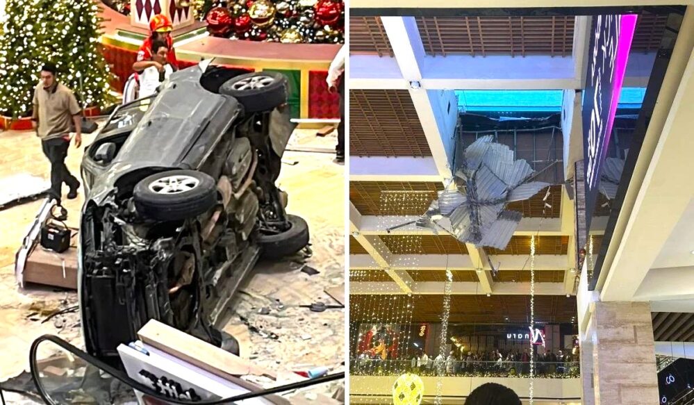 Pierde el control de su auto y cae dentro de un centro comercial